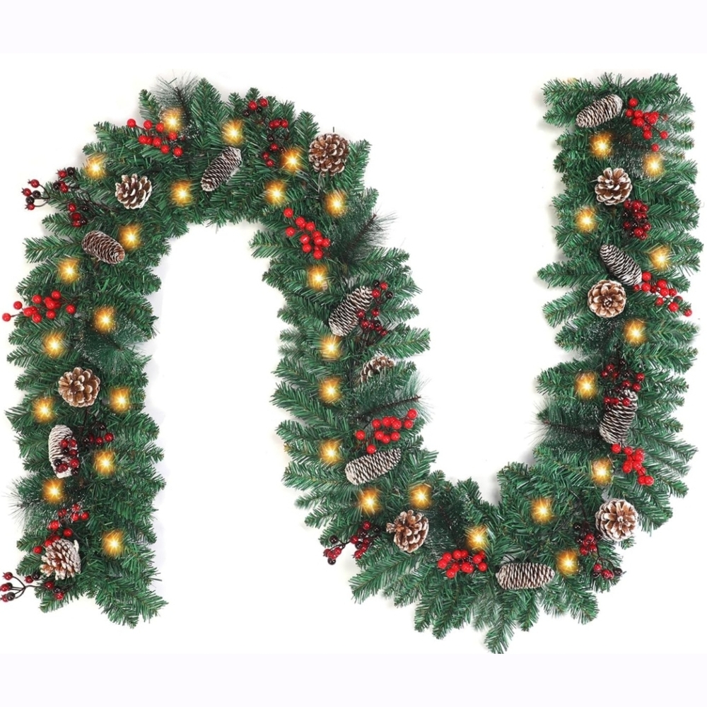 NWT 9' Flocked Pinecone & Faux Berry Pre-Lit Christmas Garland Battery Powered